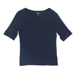 Lauren Ralph Lauren Womens Navy Blue V Neck Short Sleeve T Shirt Top Size Large